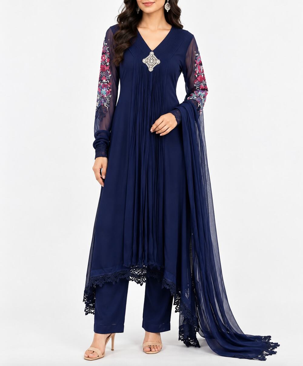 Indian Pakistani Navy Blue Embroidered Salwar Kameez Dupatta Suit Small Wedding